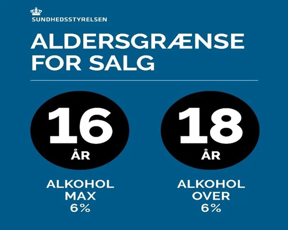 Sundhedsstyrelsens skilt: aldersgrænse for salg — 16 år ved alkohol max 6 procent, 18 år ved alkohol over 6 procent