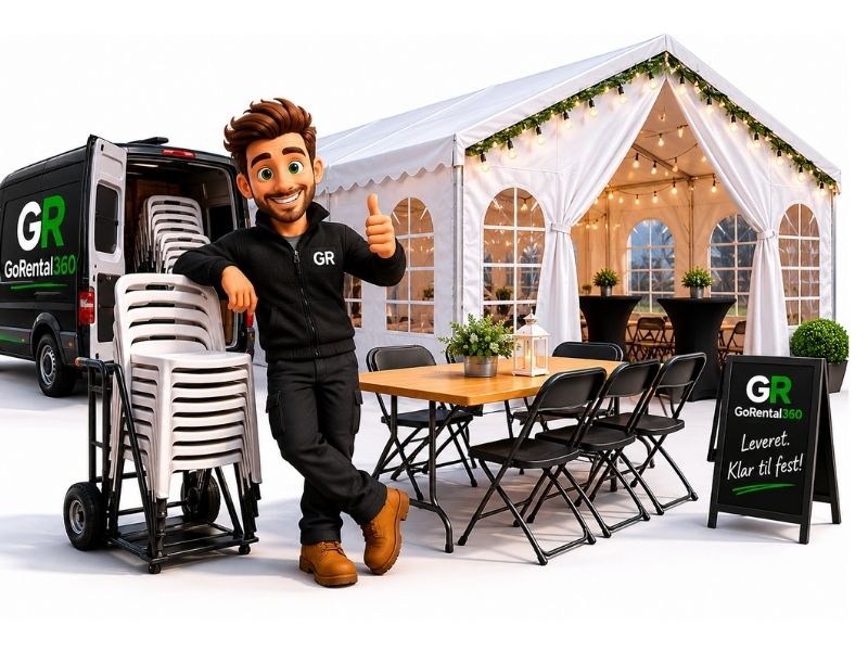 GoRental360 mascot ved partytelt med stole og borde — udlejningssystem til festudlejning
