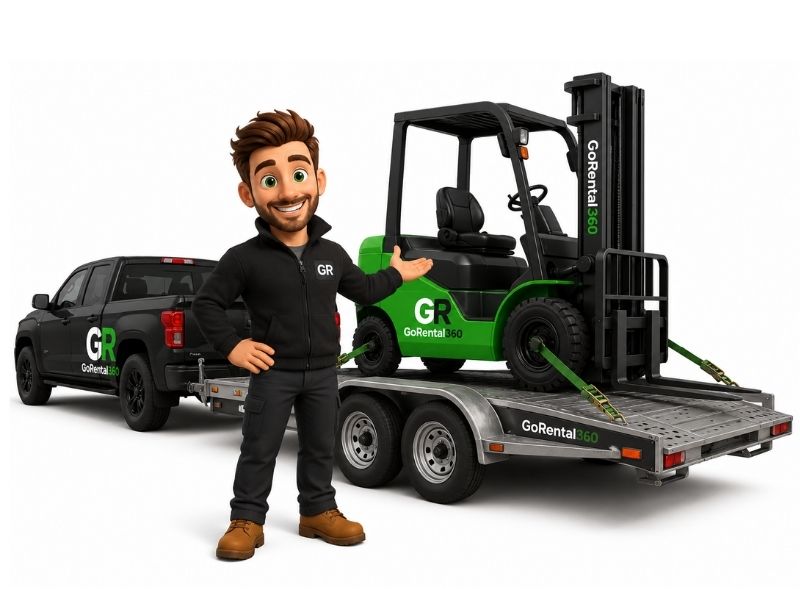 GoRental360 mascot ved gaffeltruck på trailer — udlejningssystem til gaffeltruck-udlejning