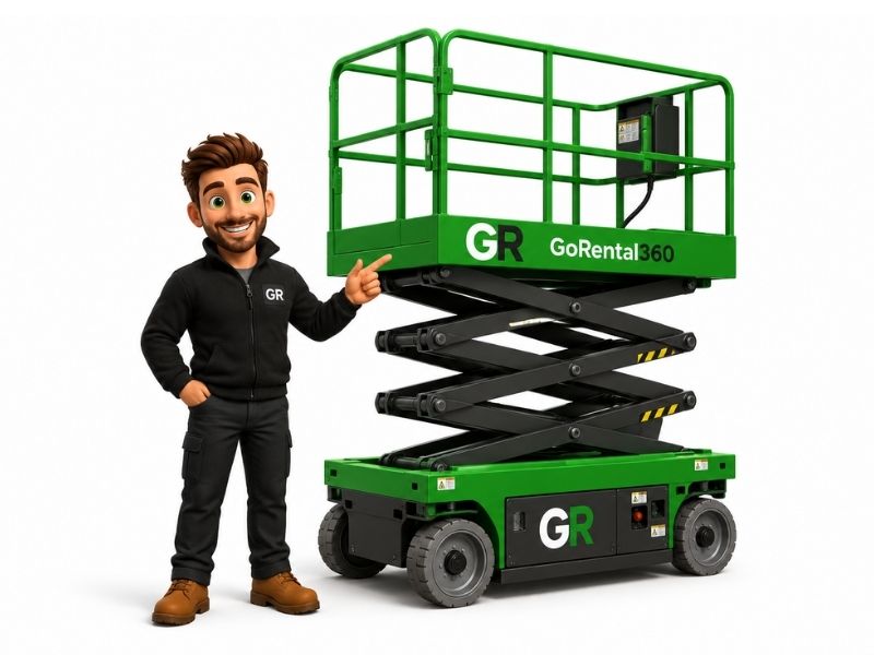 GoRental360 mascot ved sakselift — udlejningssystem til liftudlejning