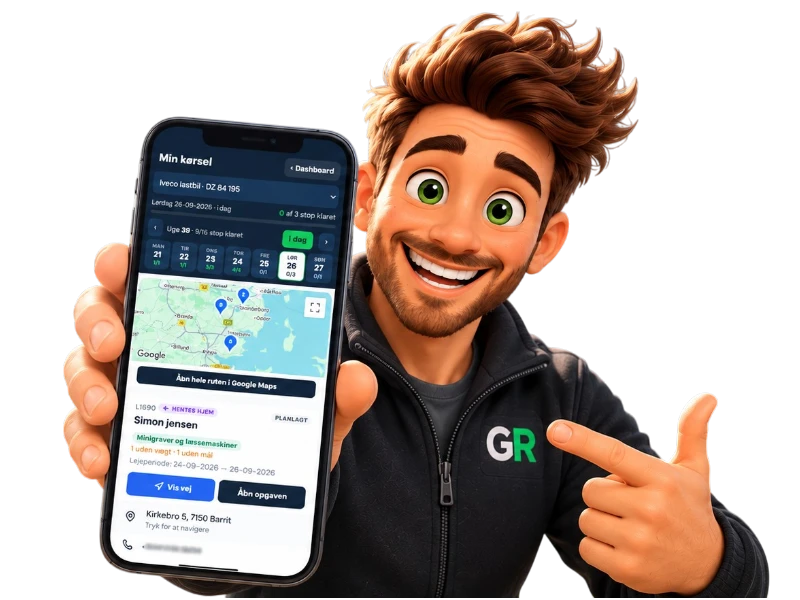 GoRental360.dk mascot viser chauffør-appen Min kørsel med rute i Google Maps, Vis vej og Åbn opgaven